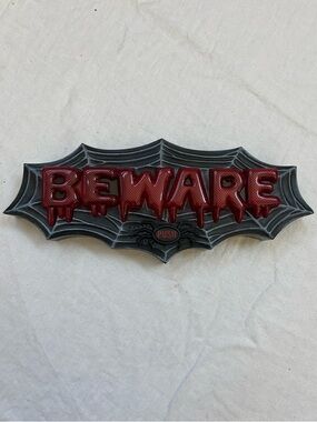 BEWARE Sign Halloween Lights Up Plays Music Scary Decor Spider Web WORKING 2008